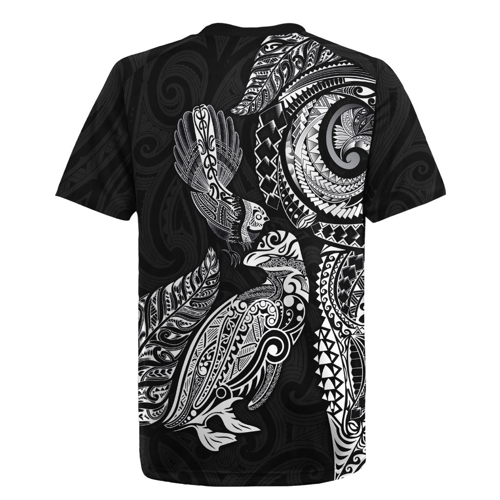 Aotearoa Moko Tribal Tattoo Rugby Jersey New Zealand Maori Penguin and Fantail Black Color