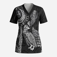 Aotearoa Moko Tribal Tattoo Scrub Top New Zealand Maori Penguin and Fantail Black Color