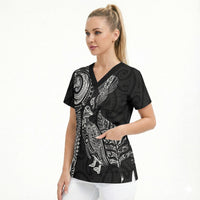 Aotearoa Moko Tribal Tattoo Scrub Top New Zealand Maori Penguin and Fantail Black Color