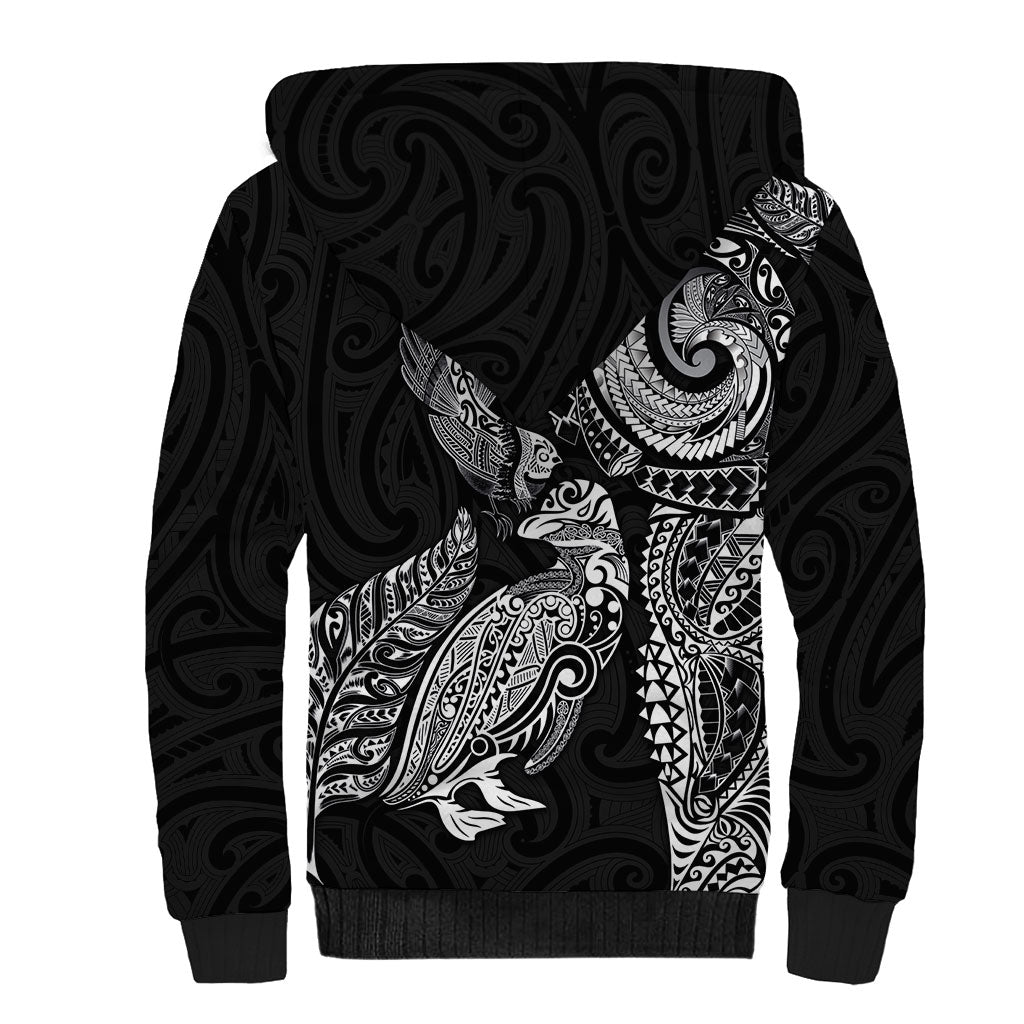 Aotearoa Moko Tribal Tattoo Sherpa Hoodie New Zealand Maori Penguin and Fantail Black Color