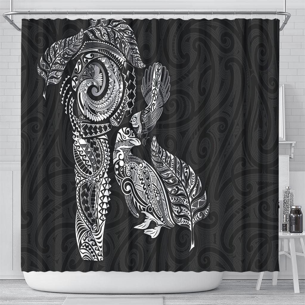 Aotearoa Moko Tribal Tattoo Shower Curtain New Zealand Maori Penguin and Fantail Black Color