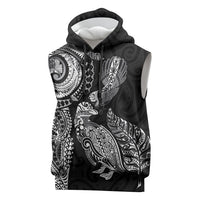 Aotearoa Moko Tribal Tattoo Sleeveless Hoodie New Zealand Maori Penguin and Fantail Black Color