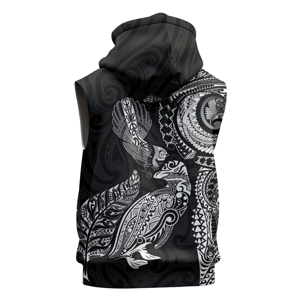 Aotearoa Moko Tribal Tattoo Sleeveless Hoodie New Zealand Maori Penguin and Fantail Black Color