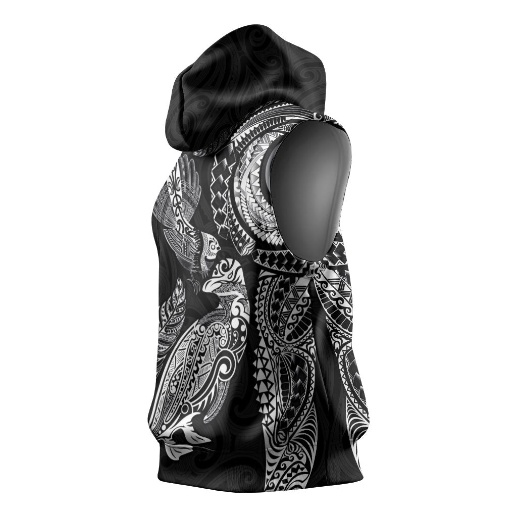 Aotearoa Moko Tribal Tattoo Sleeveless Hoodie New Zealand Maori Penguin and Fantail Black Color