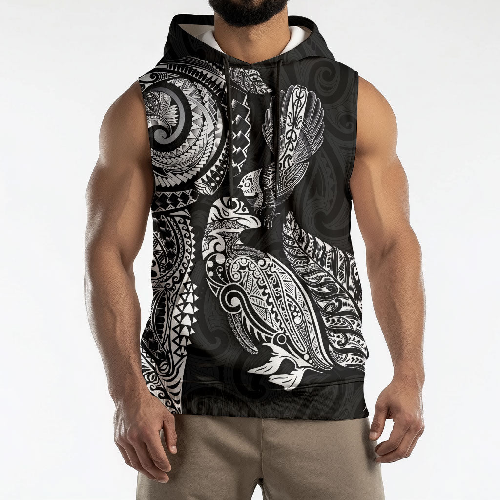 Aotearoa Moko Tribal Tattoo Sleeveless Hoodie New Zealand Maori Penguin and Fantail Black Color
