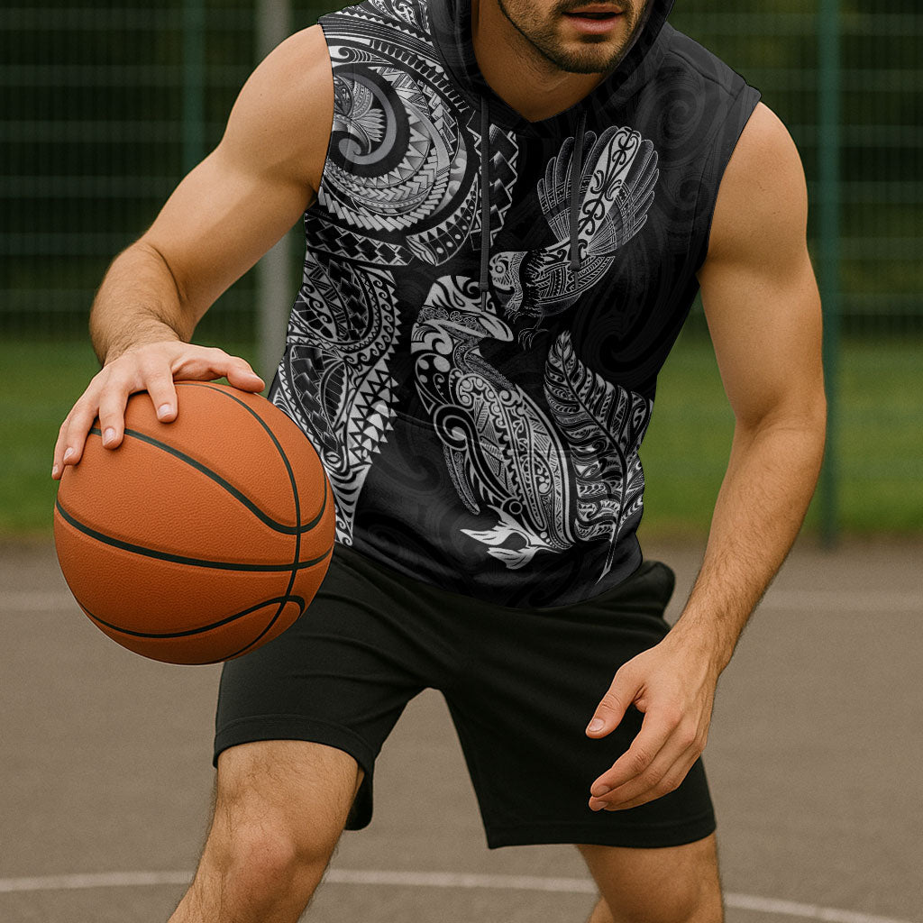 Aotearoa Moko Tribal Tattoo Sleeveless Hoodie New Zealand Maori Penguin and Fantail Black Color