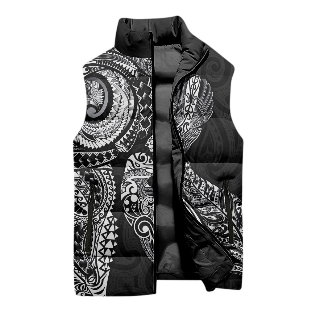 Aotearoa Moko Tribal Tattoo Sleeveless Puffer Jacket New Zealand Maori Penguin and Fantail Black Color