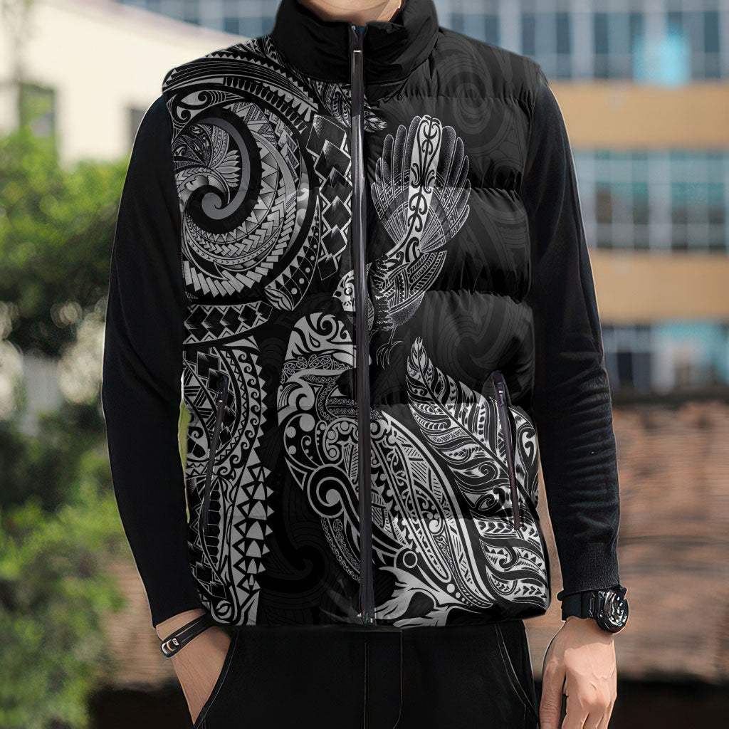 Aotearoa Moko Tribal Tattoo Sleeveless Puffer Jacket New Zealand Maori Penguin and Fantail Black Color