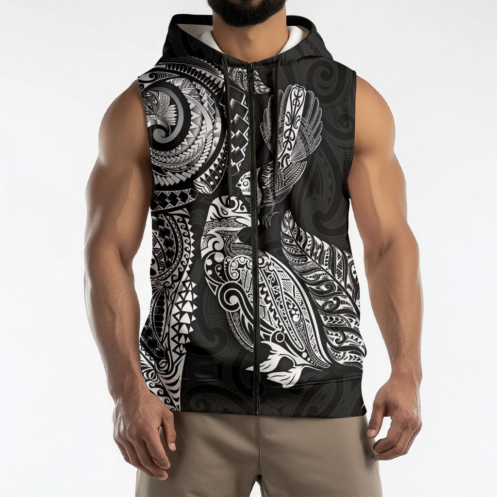 Aotearoa Moko Tribal Tattoo Sleeveless Zip Hoodie New Zealand Maori Penguin and Fantail Black Color