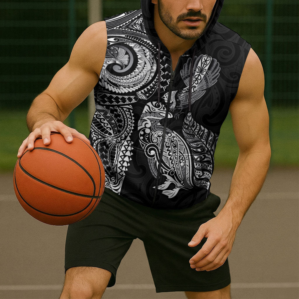 Aotearoa Moko Tribal Tattoo Sleeveless Zip Hoodie New Zealand Maori Penguin and Fantail Black Color