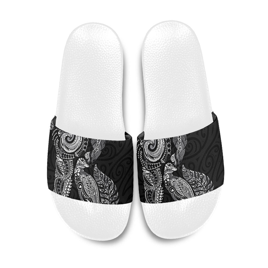 Aotearoa Moko Tribal Tattoo Slide Sandals New Zealand Maori Penguin and Fantail Black Color