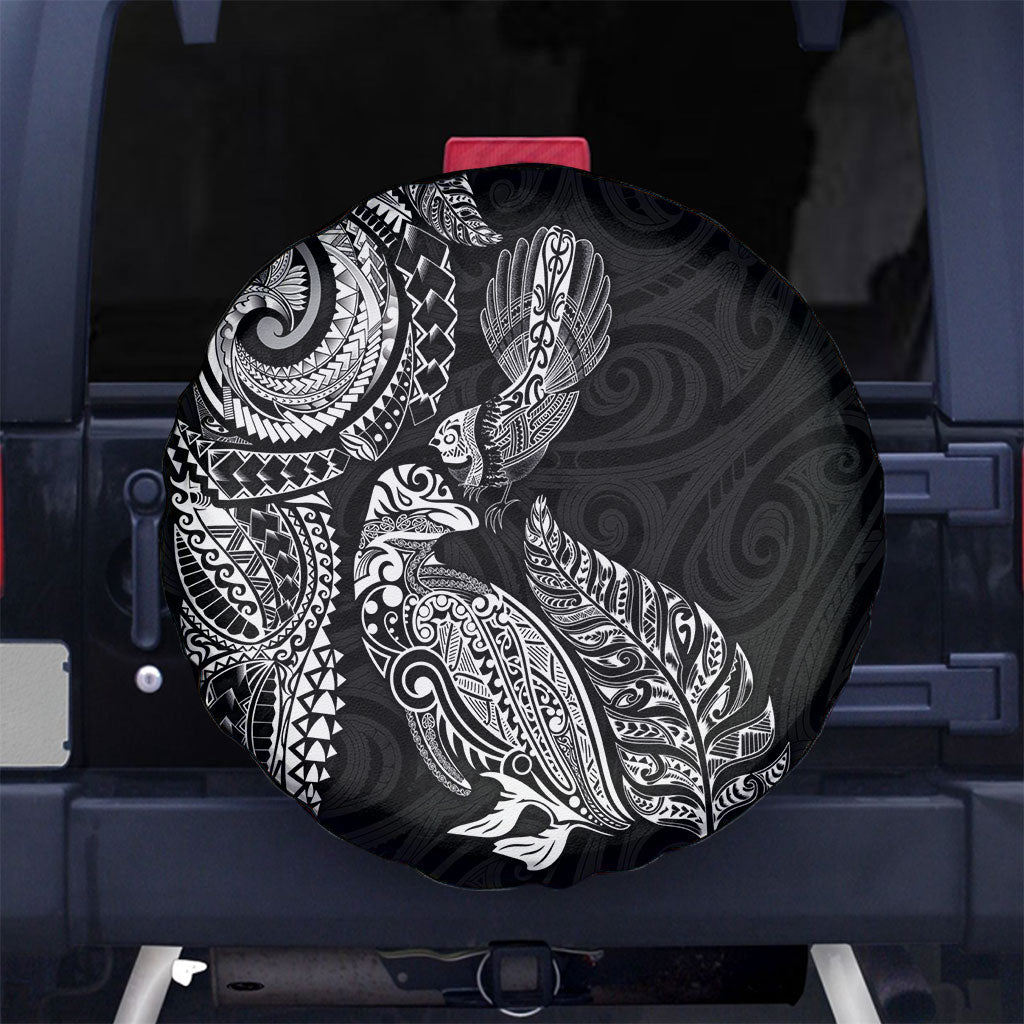 Aotearoa Moko Tribal Tattoo Spare Tire Cover New Zealand Maori Penguin and Fantail Black Color