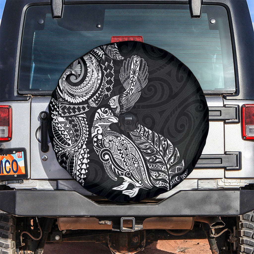 Aotearoa Moko Tribal Tattoo Spare Tire Cover New Zealand Maori Penguin and Fantail Black Color