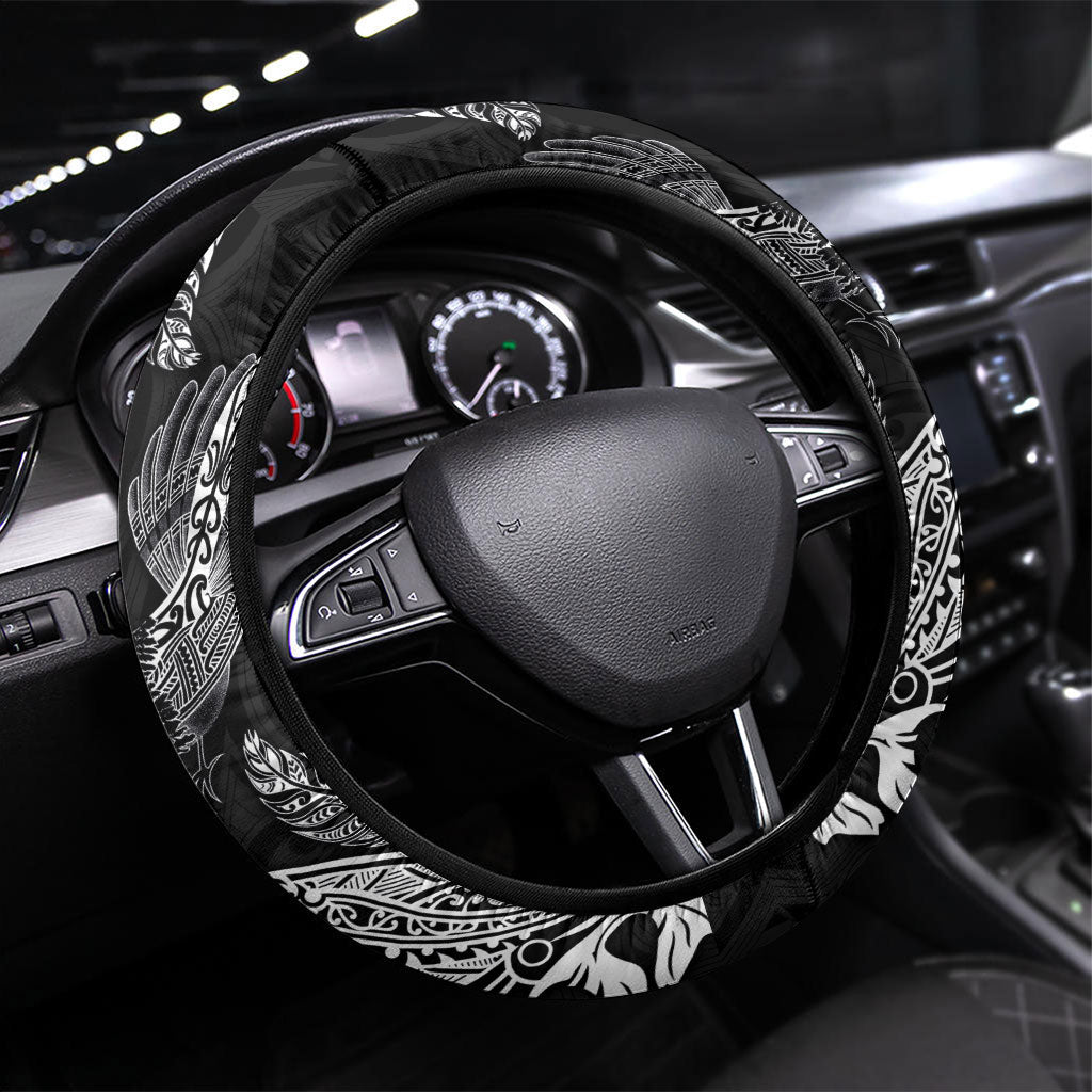Aotearoa Moko Tribal Tattoo Steering Wheel Cover New Zealand Maori Penguin and Fantail Black Color