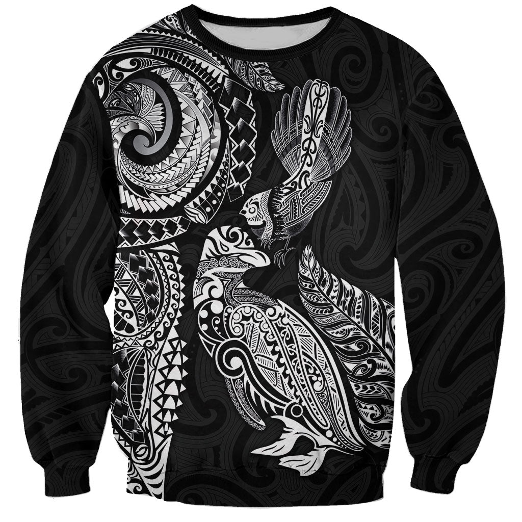 Aotearoa Moko Tribal Tattoo Sweatshirt New Zealand Maori Penguin and Fantail Black Color