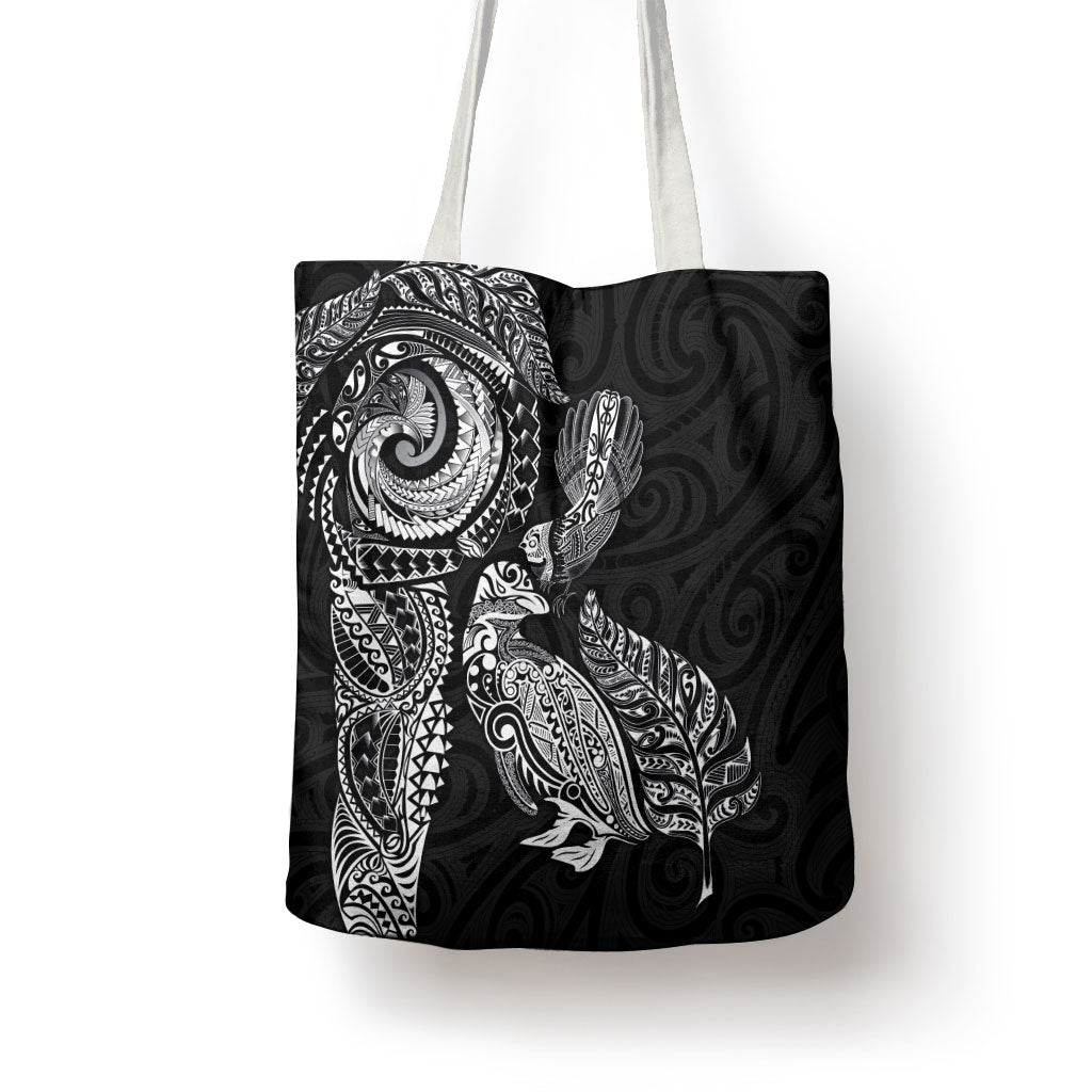 Aotearoa Moko Tribal Tattoo Tote Bag New Zealand Maori Penguin and Fantail Black Color