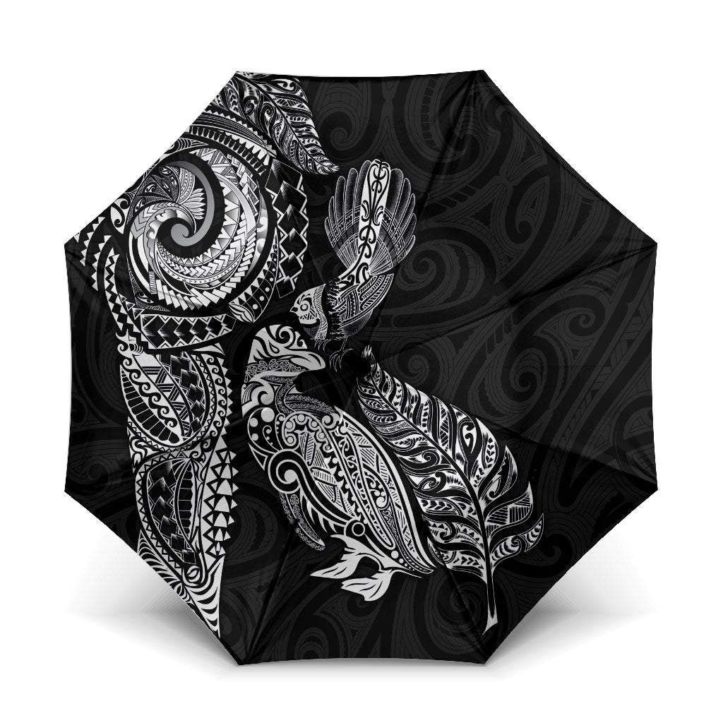 Aotearoa Moko Tribal Tattoo Umbrella New Zealand Maori Penguin and Fantail Black Color