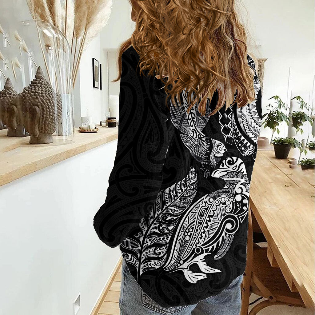 Aotearoa Moko Tribal Tattoo Women Casual Shirt New Zealand Maori Penguin and Fantail Black Color