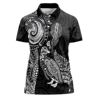 Aotearoa Moko Tribal Tattoo Women Polo Shirt New Zealand Maori Penguin and Fantail Black Color