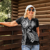 Aotearoa Moko Tribal Tattoo Women Polo Shirt New Zealand Maori Penguin and Fantail Black Color
