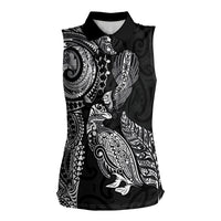 Aotearoa Moko Tribal Tattoo Women Sleeveless Polo Shirt New Zealand Maori Penguin and Fantail Black Color