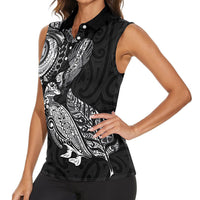 Aotearoa Moko Tribal Tattoo Women Sleeveless Polo Shirt New Zealand Maori Penguin and Fantail Black Color