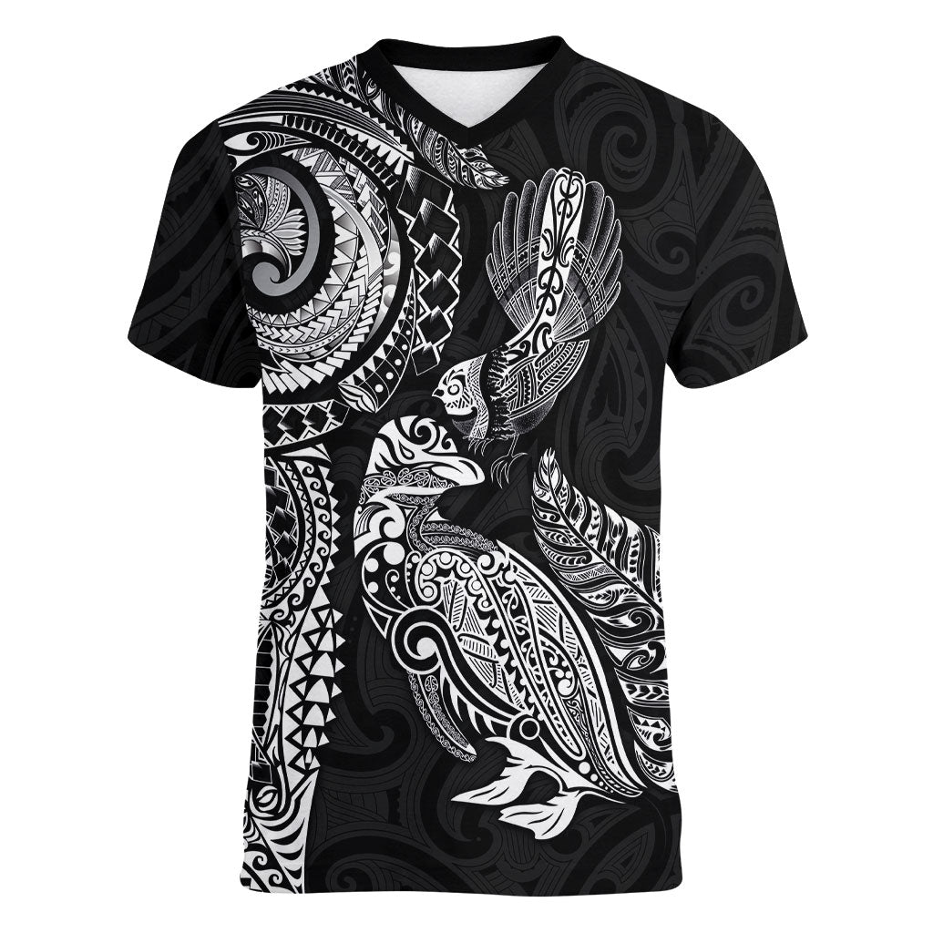 Aotearoa Moko Tribal Tattoo Women V-Neck T-Shirt New Zealand Maori Penguin and Fantail Black Color