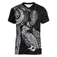 Aotearoa Moko Tribal Tattoo Women V-Neck T-Shirt New Zealand Maori Penguin and Fantail Black Color