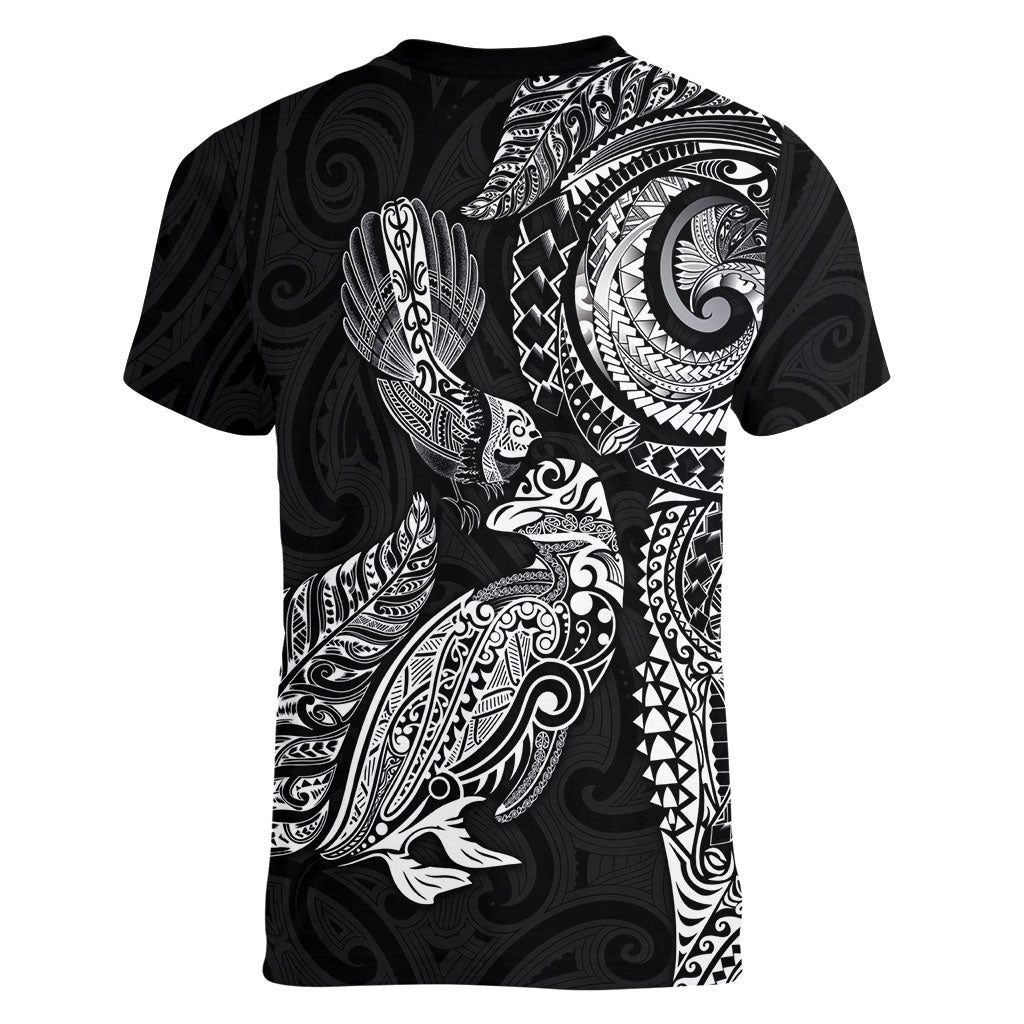 Aotearoa Moko Tribal Tattoo Women V-Neck T-Shirt New Zealand Maori Penguin and Fantail Black Color
