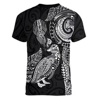 Aotearoa Moko Tribal Tattoo Women V-Neck T-Shirt New Zealand Maori Penguin and Fantail Black Color