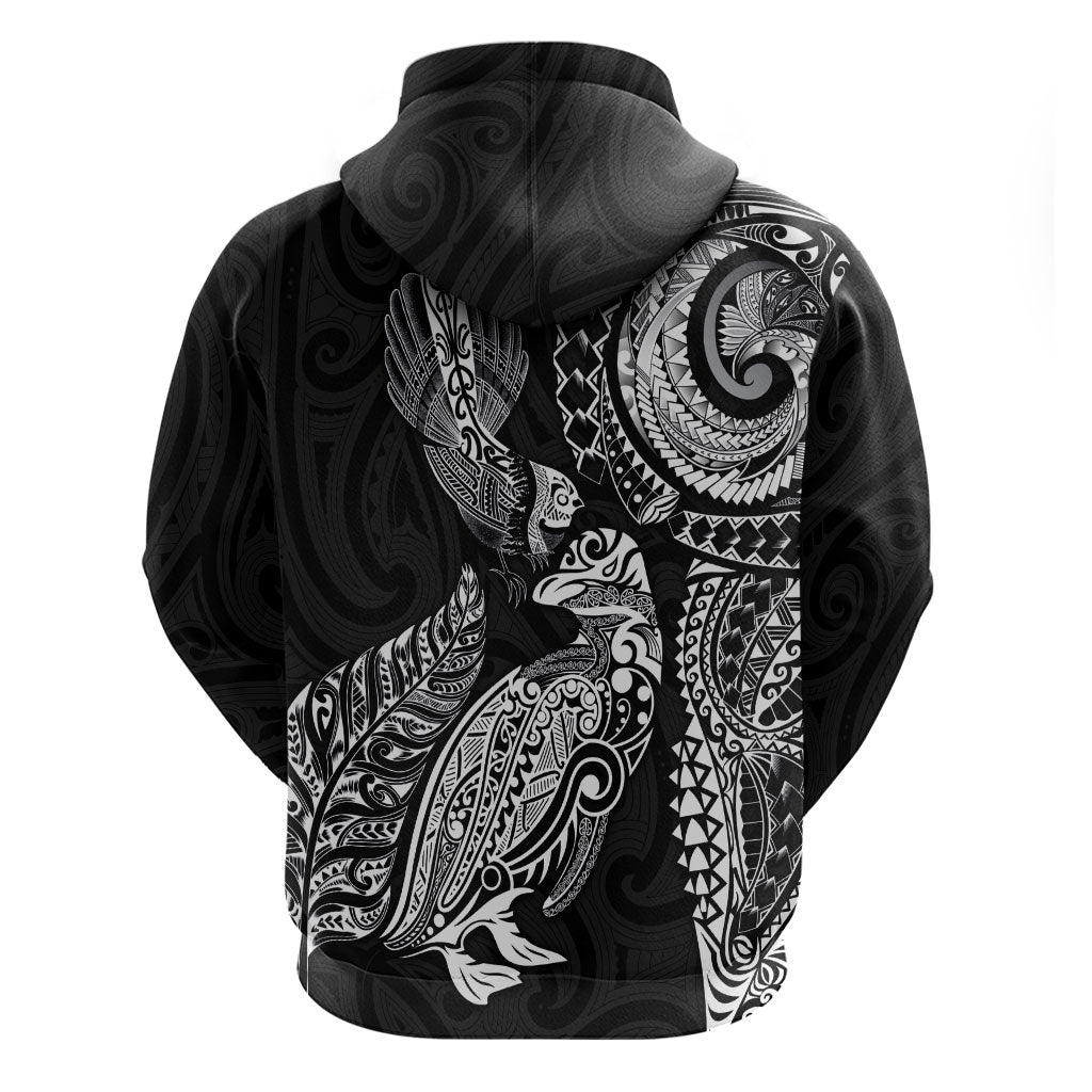Aotearoa Moko Tribal Tattoo Zip Hoodie New Zealand Maori Penguin and Fantail Black Color