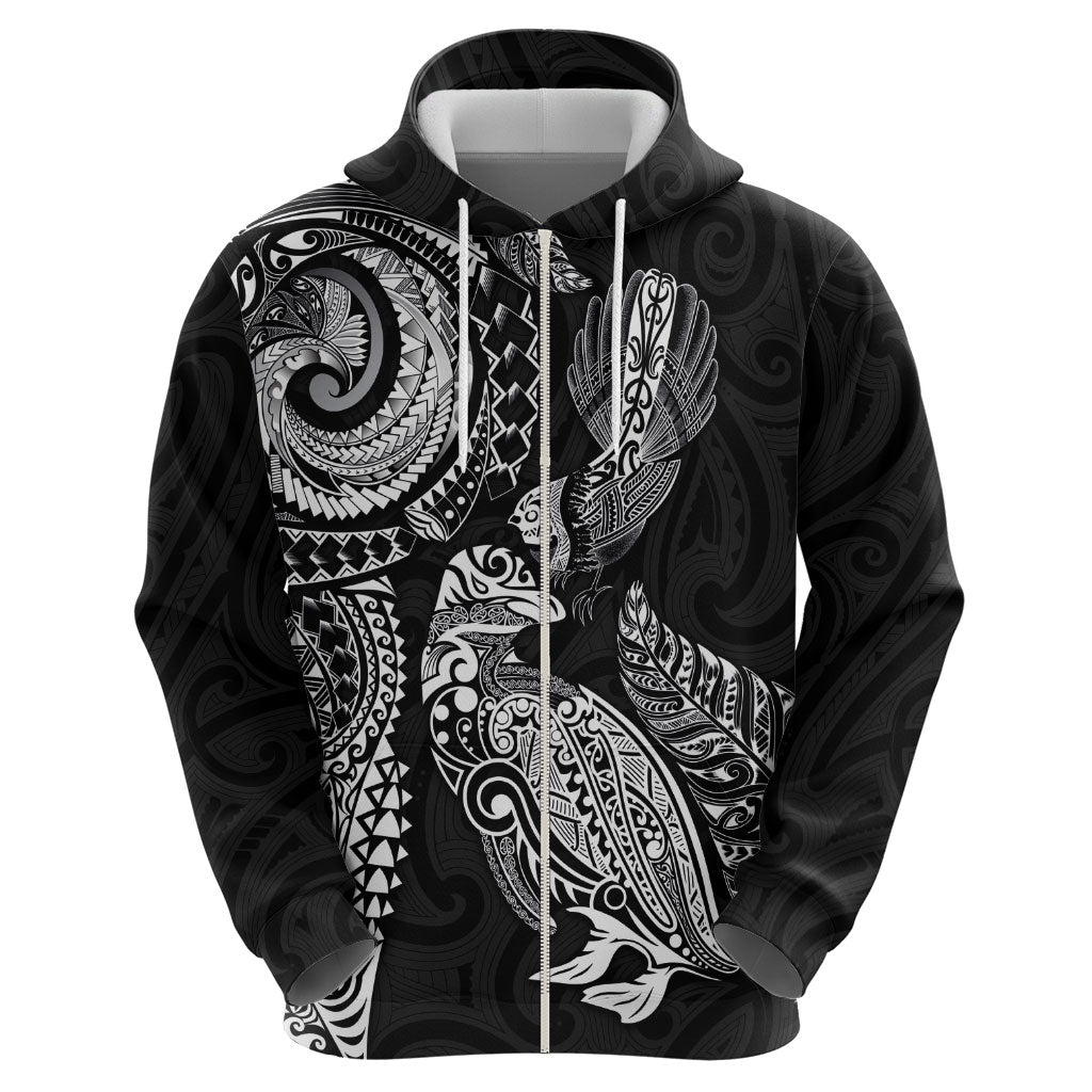 Aotearoa Moko Tribal Tattoo Zip Hoodie New Zealand Maori Penguin and Fantail Black Color
