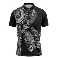 Aotearoa Moko Tribal Tattoo Zipper Polo Shirt New Zealand Maori Penguin and Fantail Black Color