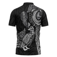 Aotearoa Moko Tribal Tattoo Zipper Polo Shirt New Zealand Maori Penguin and Fantail Black Color
