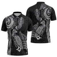 Aotearoa Moko Tribal Tattoo Zipper Polo Shirt New Zealand Maori Penguin and Fantail Black Color