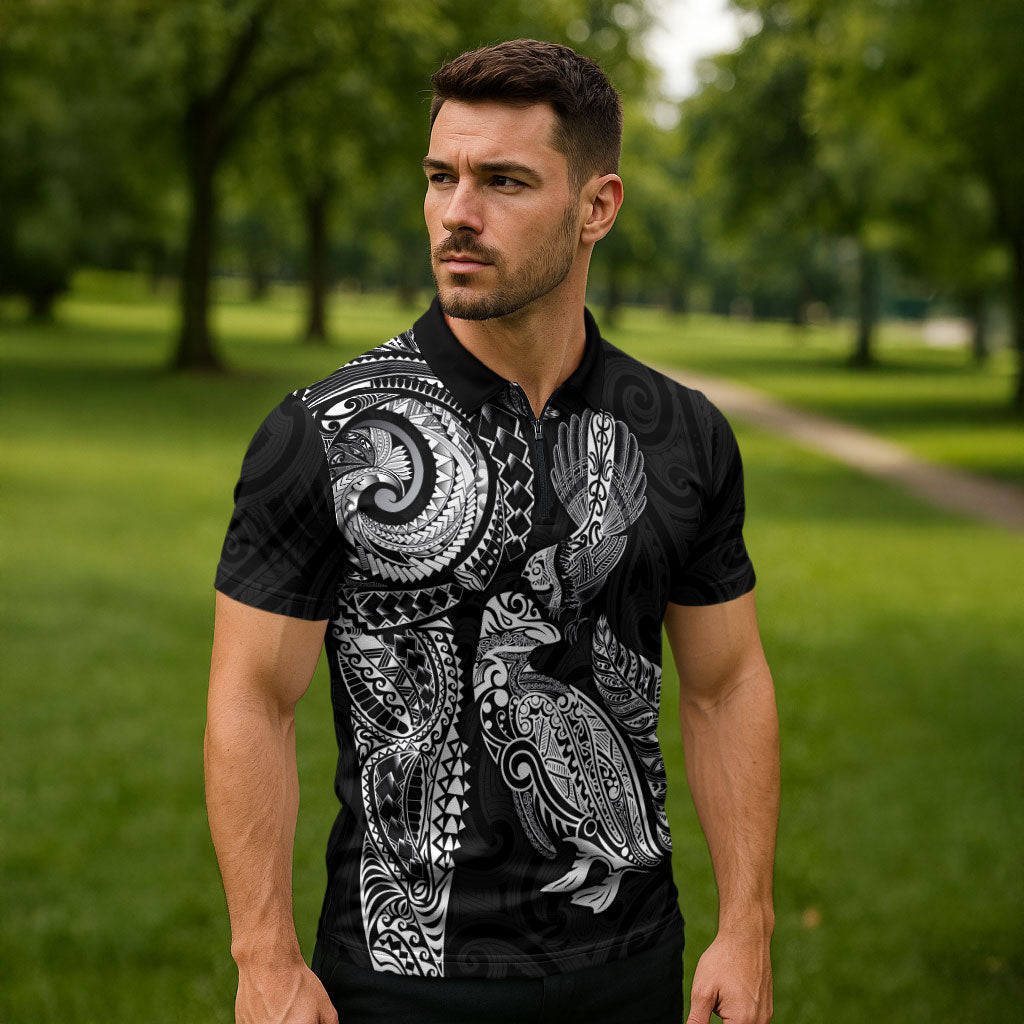 Aotearoa Moko Tribal Tattoo Zipper Polo Shirt New Zealand Maori Penguin and Fantail Black Color