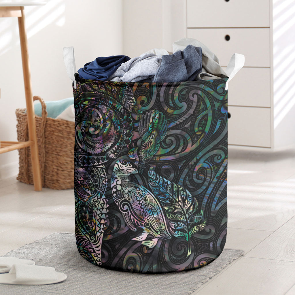 Aotearoa Moko Tribal Tattoo Laundry Basket New Zealand Maori Penguin and Fantail Paua Shell Style