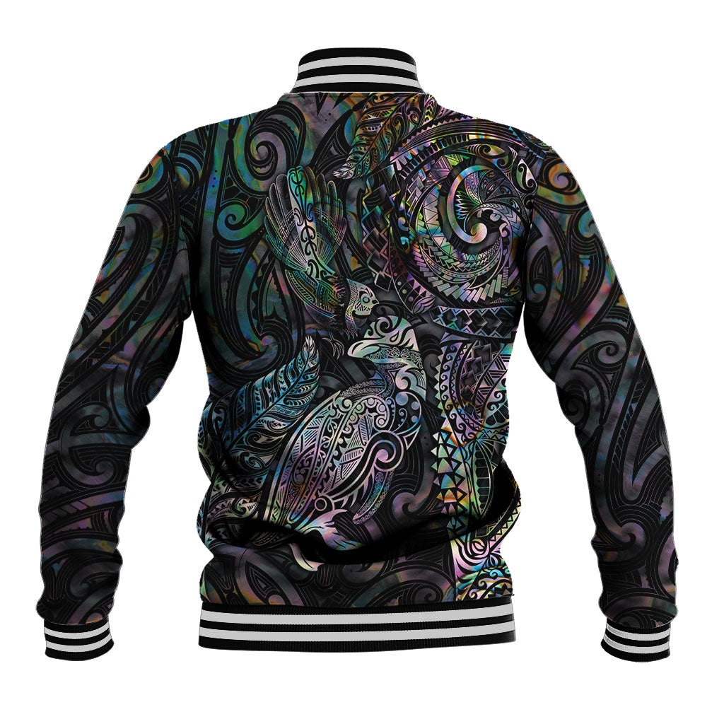Aotearoa Moko Tribal Tattoo Baseball Jacket New Zealand Maori Penguin and Fantail Paua Shell Style