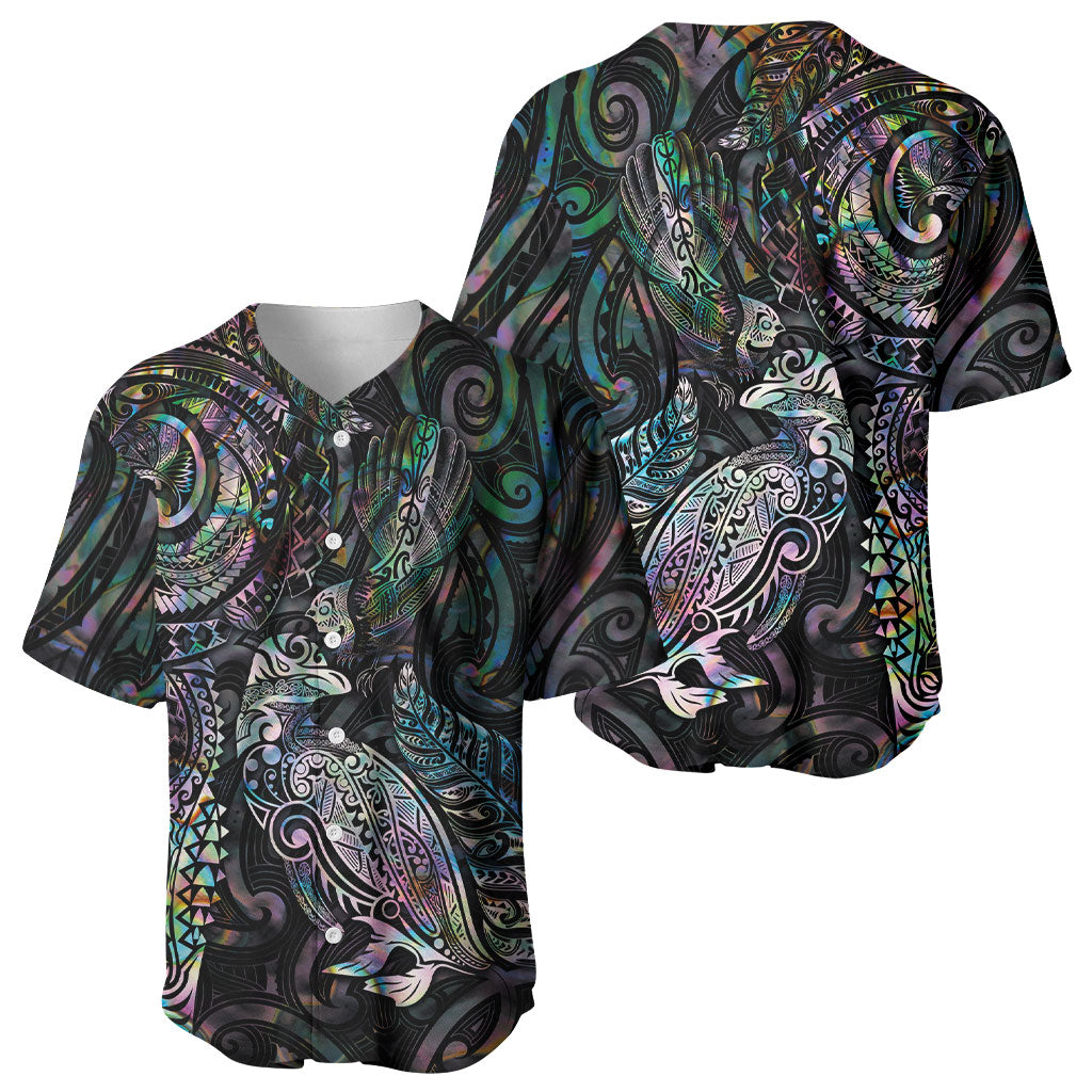 Aotearoa Moko Tribal Tattoo Baseball Jersey New Zealand Maori Penguin and Fantail Paua Shell Style