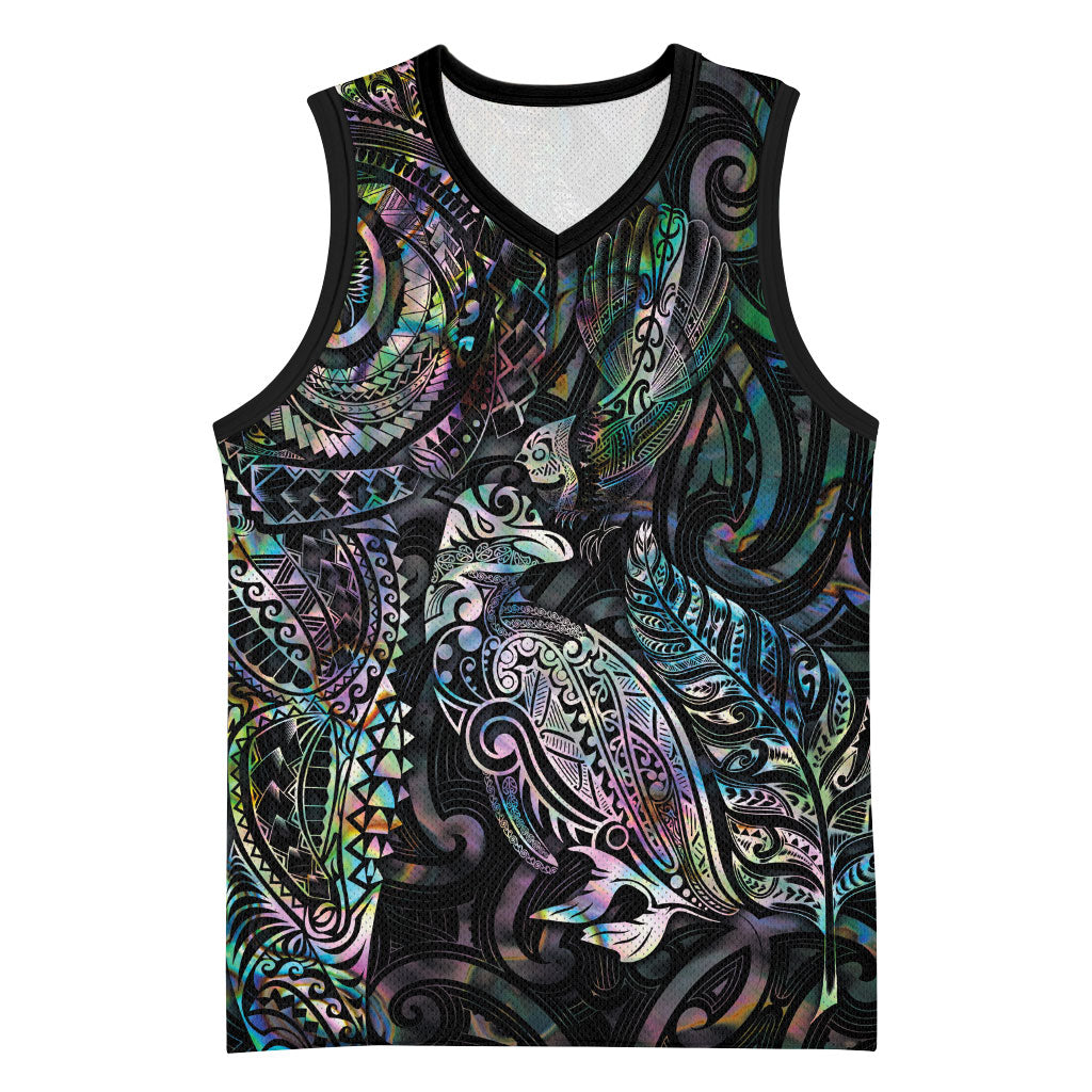 Aotearoa Moko Tribal Tattoo Basketball Jersey New Zealand Maori Penguin and Fantail Paua Shell Style