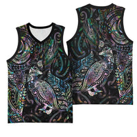 Aotearoa Moko Tribal Tattoo Basketball Jersey New Zealand Maori Penguin and Fantail Paua Shell Style