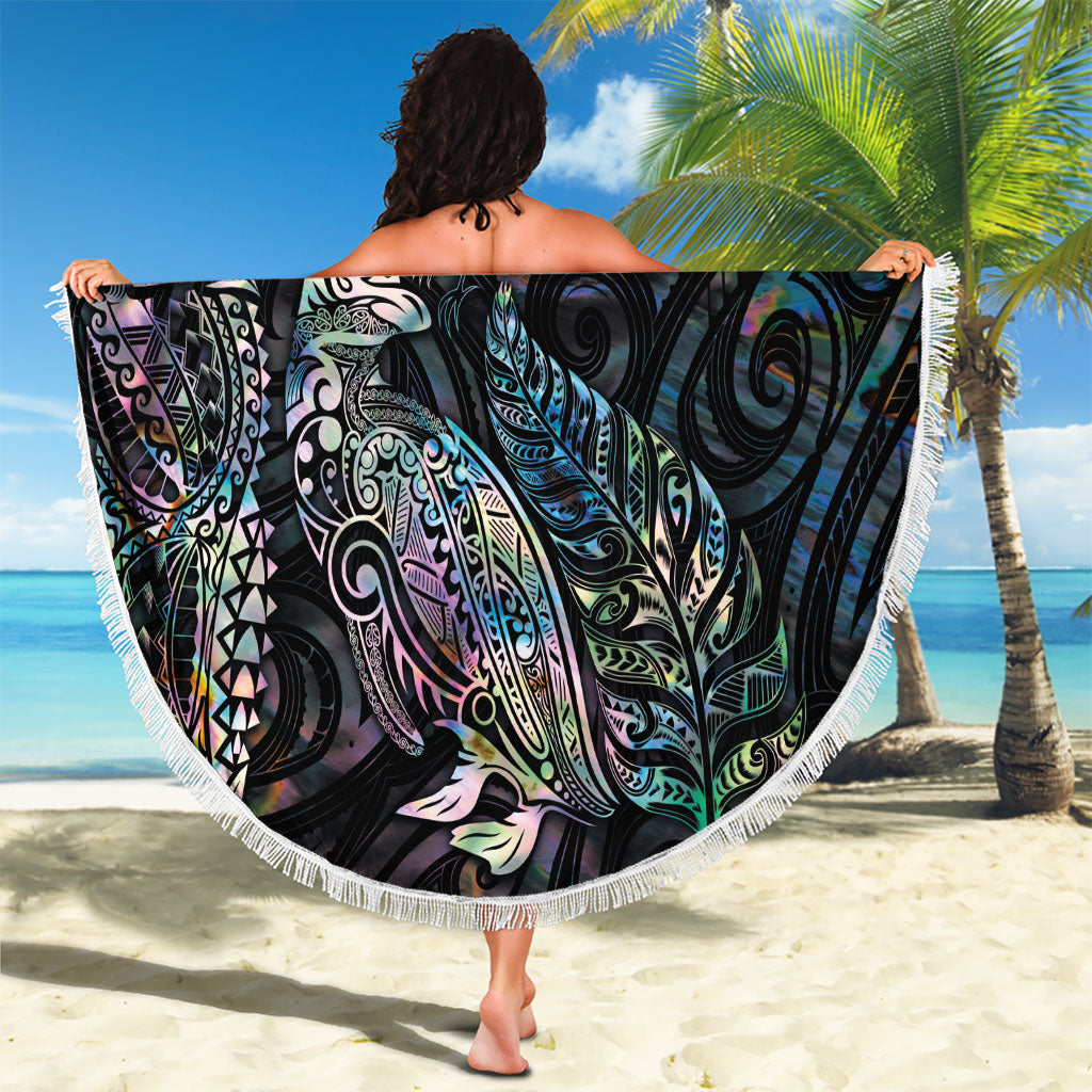 Aotearoa Moko Tribal Tattoo Beach Blanket New Zealand Maori Penguin and Fantail Paua Shell Style