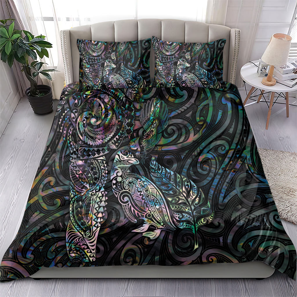 Aotearoa Moko Tribal Tattoo Bedding Set New Zealand Maori Penguin and Fantail Paua Shell Style