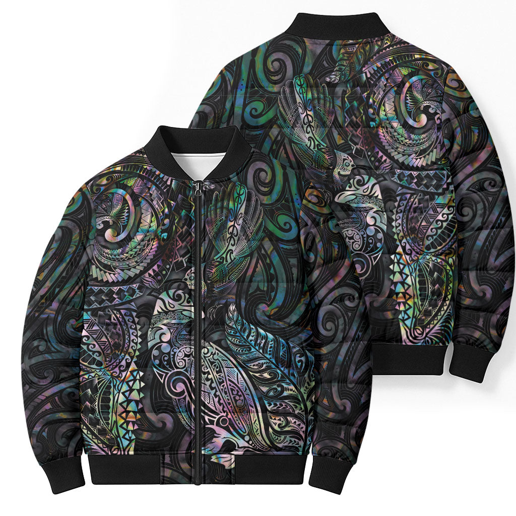 Aotearoa Moko Tribal Tattoo Bomber Puffer Jacket New Zealand Maori Penguin and Fantail Paua Shell Style