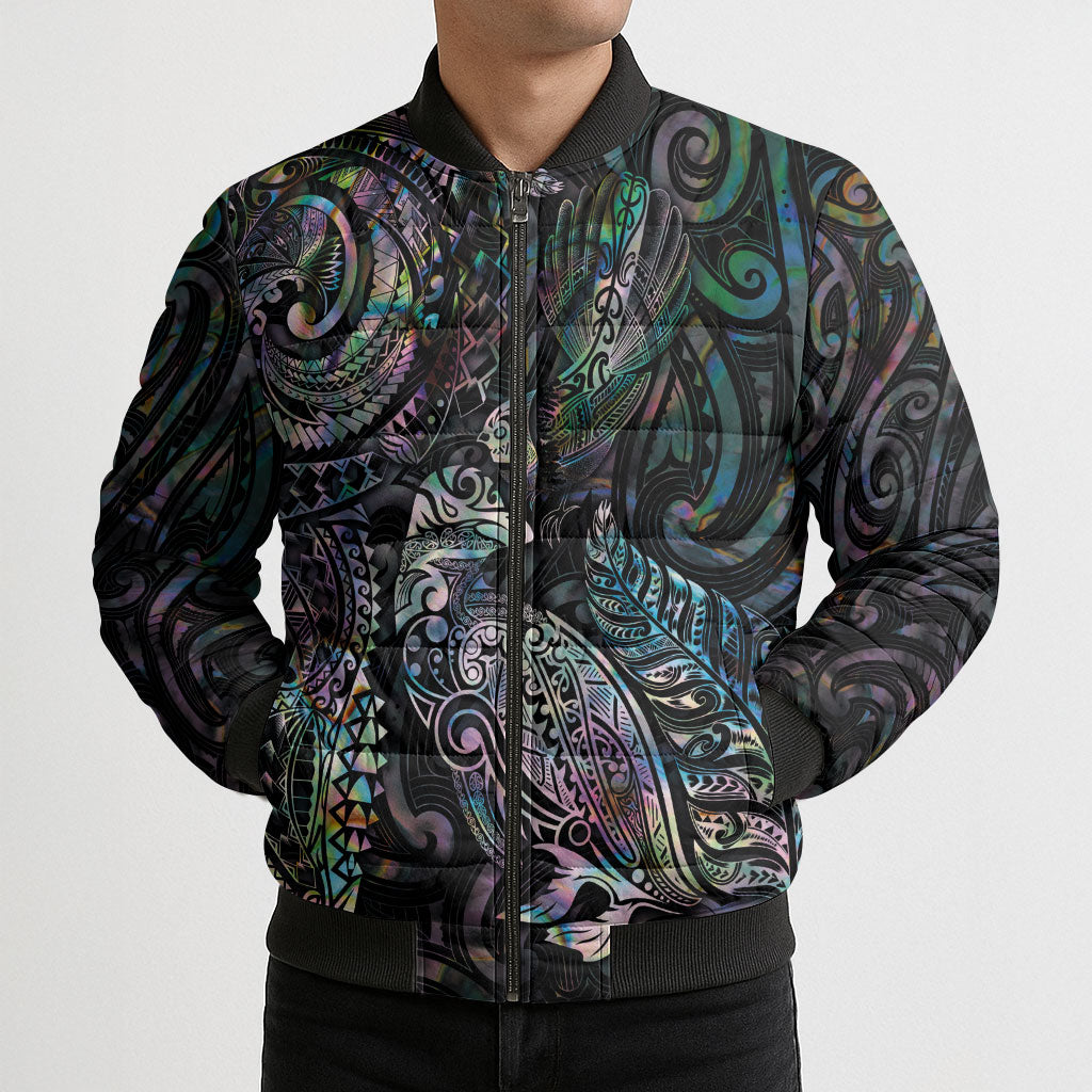 Aotearoa Moko Tribal Tattoo Bomber Puffer Jacket New Zealand Maori Penguin and Fantail Paua Shell Style
