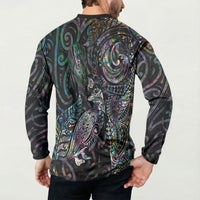 Aotearoa Moko Tribal Tattoo Button Sweatshirt New Zealand Maori Penguin and Fantail Paua Shell Style