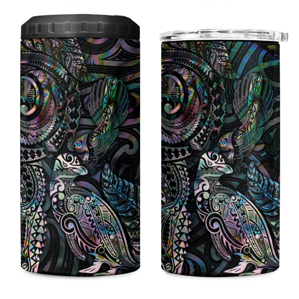 Aotearoa Moko Tribal Tattoo 4 in 1 Can Cooler Tumbler New Zealand Maori Penguin and Fantail Paua Shell Style