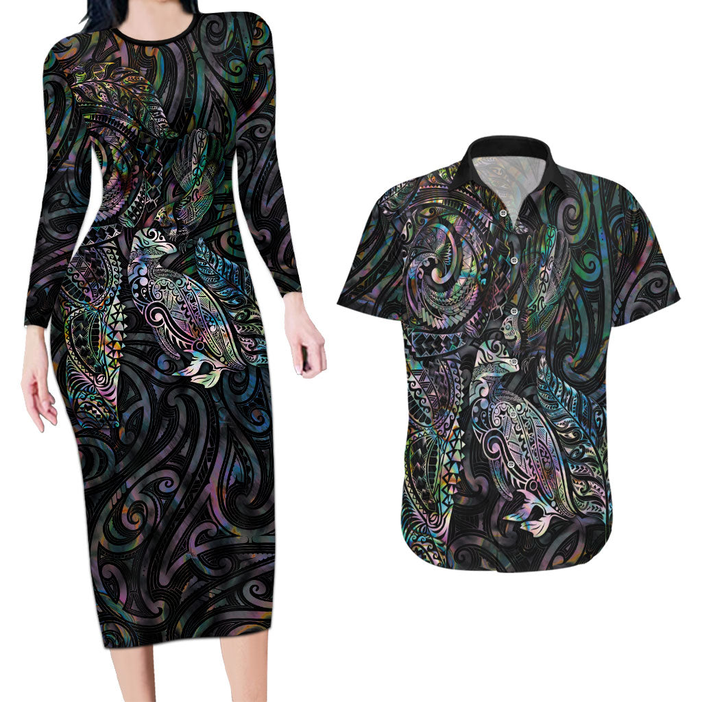 Aotearoa Moko Tribal Tattoo Couples Matching Long Sleeve Bodycon Dress and Hawaiian Shirt New Zealand Maori Penguin and Fantail Paua Shell Style