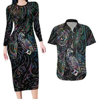 Aotearoa Moko Tribal Tattoo Couples Matching Long Sleeve Bodycon Dress and Hawaiian Shirt New Zealand Maori Penguin and Fantail Paua Shell Style