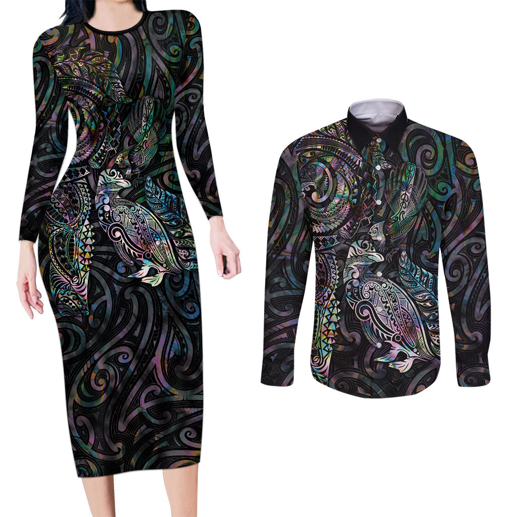 Aotearoa Moko Tribal Tattoo Couples Matching Long Sleeve Bodycon Dress and Long Sleeve Button Shirt New Zealand Maori Penguin and Fantail Paua Shell Style LT03 Multicolor - Polynesian Pride